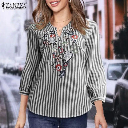 Fashion V Neck 3/4 Sleeve Embroidery Floral Blouse Women Summer Bohemian Striped Tops Casual Holiday Shirt Work Blusas