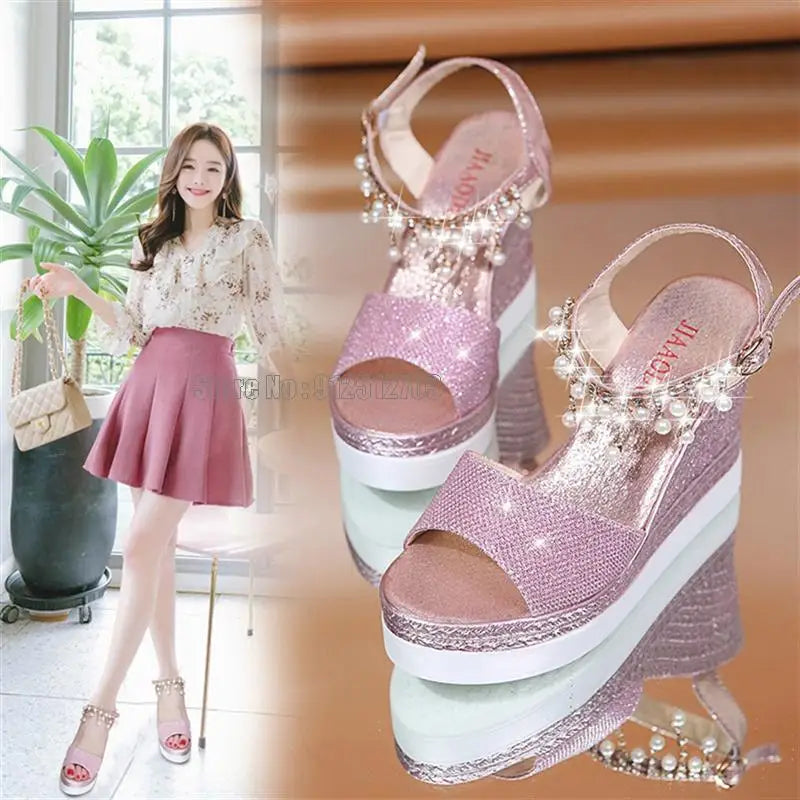 Girls Sandals Summer New Women Pump Fashion Rhinestone Platform Wedge Casual Female 10cm Ladies High Heels Shoes
