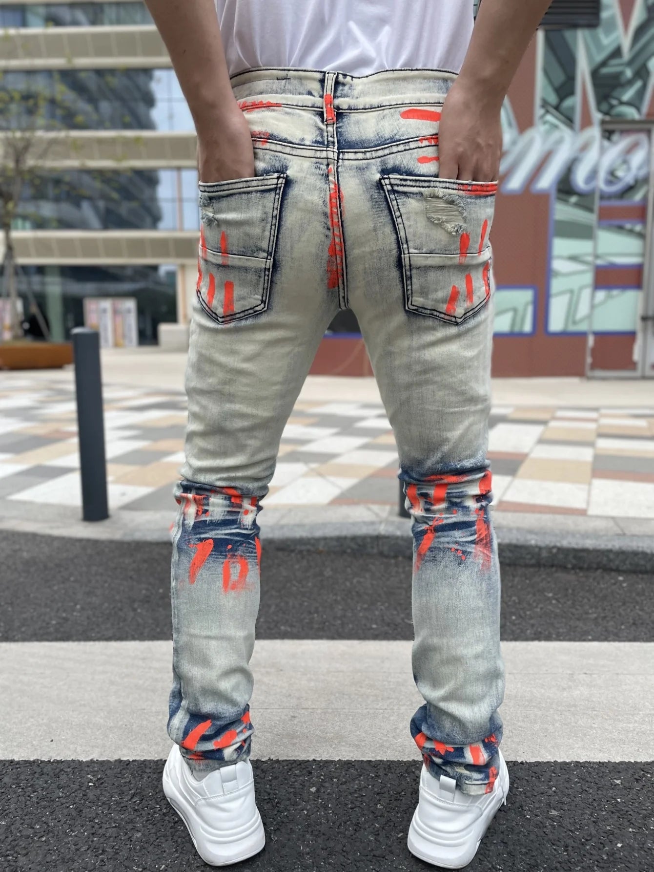 Men's Y2K-Style Denim Pants With Hand Drawn Colorful Tear Stop Pattern Design  Best Selling Product  Free Shipping Included