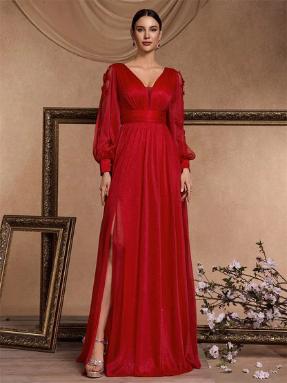 Elegant Long Sleeves Floor Length Split Party Evening Dress Women 2024 Luxury Backless Weedding Dress Cocktail Prom