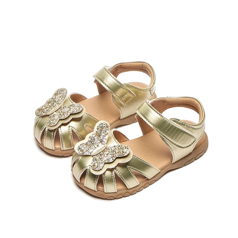 Leather sparkling butterfly Girls flat Sandals closed toe little kids girls summer shoes