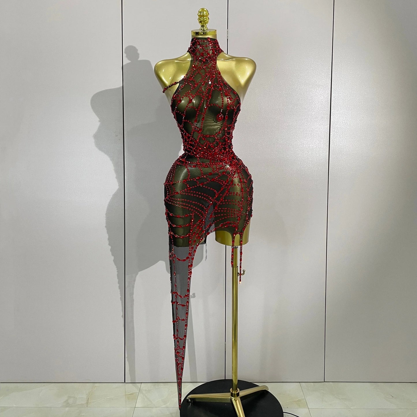 Sparkly Diamond Sexy Mesh Asymmetric Bodycon Mini Dress Women Nightclub Bar Party Show Gogo Dancer Clothing Stage Costume