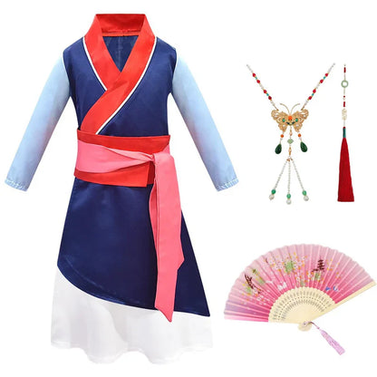 Mulan Same Costume Girl Hero Halloween Cosplay Costume Children Long-sleeved Two-piece Drama Costume Chinese Style Dress