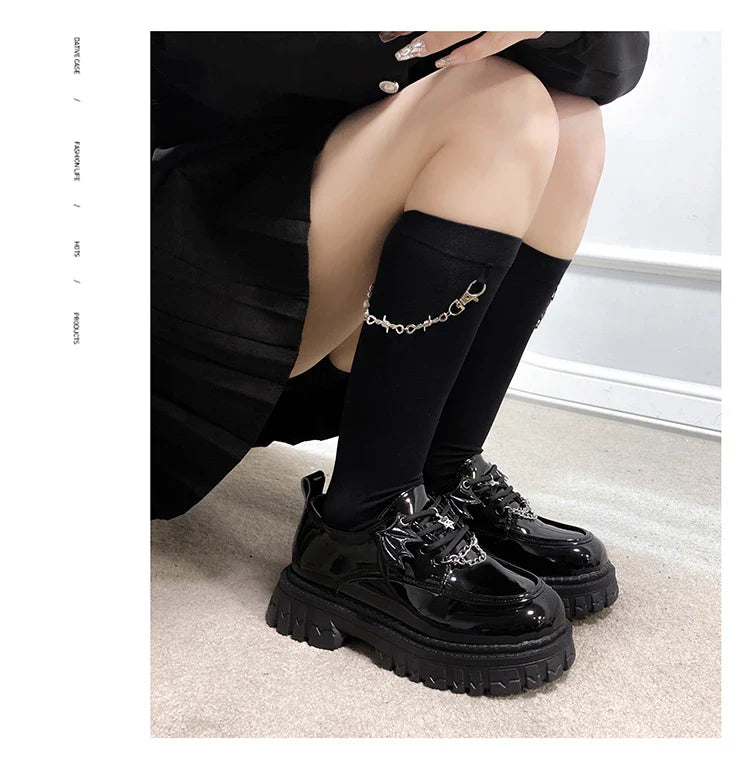 Punk Wind Fashion Single Shoes Autumn New Devil Bat Wings Gothic Women's Shoes Thick Bottom Waterproof Platform Metal Chain