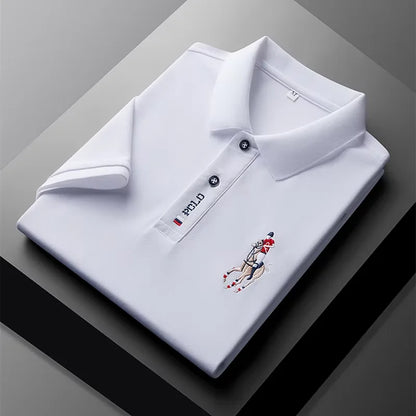 High end brand men's exquisite printed polo shirt short sleeve 2024 summer new cool and comfortable silk casual lapel T-shirt