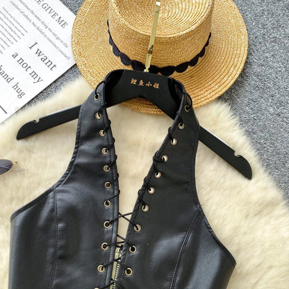 New Sexy Crop Top Inside Women Black PU Leather Rope Strap Hollow Out Punk Style Tank Tops Vest Fashion Backless Club Party Wear