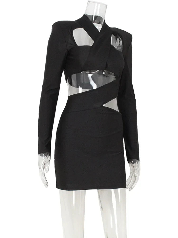 Hollow Out Solid New Sytle Hip Wrap Outfits Women Dresses Long Sleeve V Neck Fashion Party Sheath Lady Female Evening