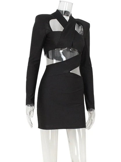 Hollow Out Solid New Sytle Hip Wrap Outfits Women Dresses Long Sleeve V Neck Fashion Party Sheath Lady Female Evening