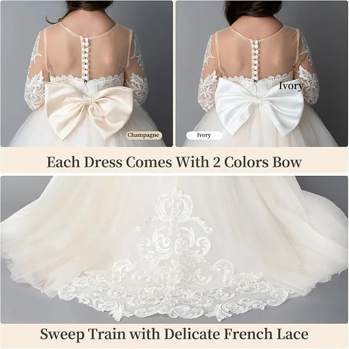 Communion Girl Dress Lace Appqulies Bodice Floor-length Skirt Puffy Dress with Long Train Formal Party Toddler Clothe