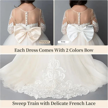 Communion Girl Dress Lace Appqulies Bodice Floor-length Skirt Puffy Dress with Long Train Formal Party Toddler Clothe