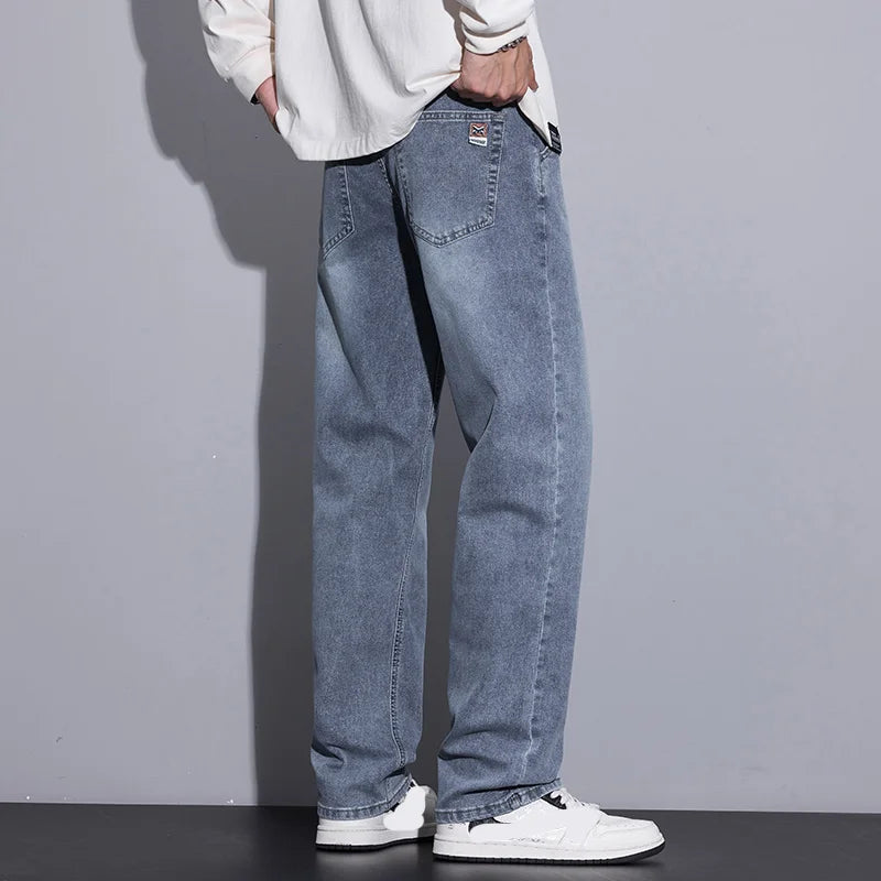New Men's Micro Elastic Wide Leg Jeans American Retro Versatile Loose Fit Long Pants for All Seasons