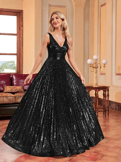 Luxury V-Neck Black Sleeveless Formal Evening Dresses Women Sequins Wedding Party Prom Maxi Cocktail Dresses Vestidos