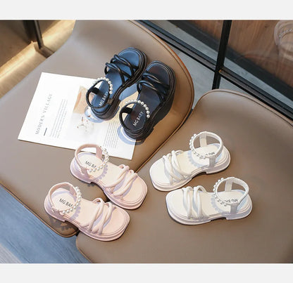 Girl Sandals Summer Children Princess Causal Pearl Beach Shoes Fashion Open-toe Kids Flat Sandals Solid Color Versatile Slip-on