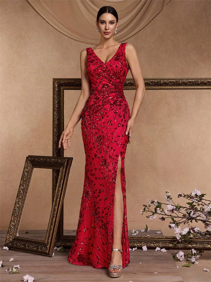 Elegant Slit Evening Dress 2024 Women Long Mermaid Formal Sequrins Sexy V-neck Caicktail Wedding Party Prom Dresses