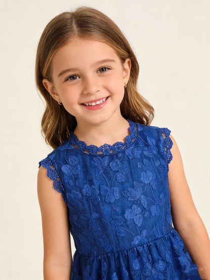 Summer Girl's Trendy Sleeveless Flower Embroidery Princess Dress Party Gown Lace Tulle Skirt Dress