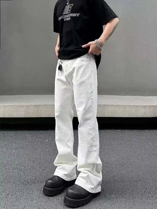 American Y2K Men's Jeans New Micro Flared Denim Pants Slim Fit Solid Color High Street Stylish Male Casual Trousers