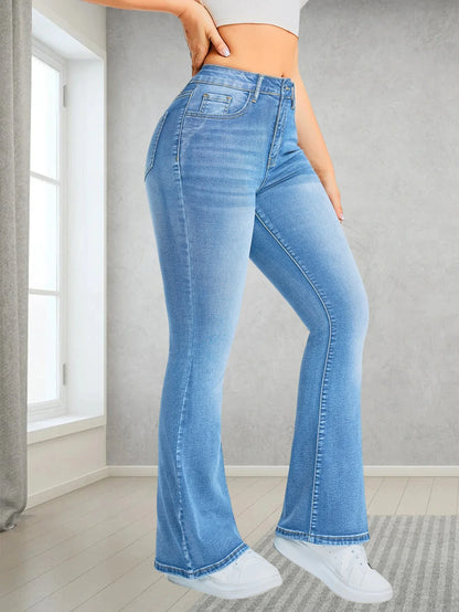 Ladies' high waisted elastic flared jeans