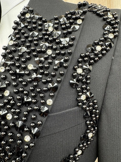 Black Gorgeous Pearls Suit Set 3 Pieces For Men Banquet Party Wear Handsome Elegant Men's Slim Fit Suits Wedding Groom Sets