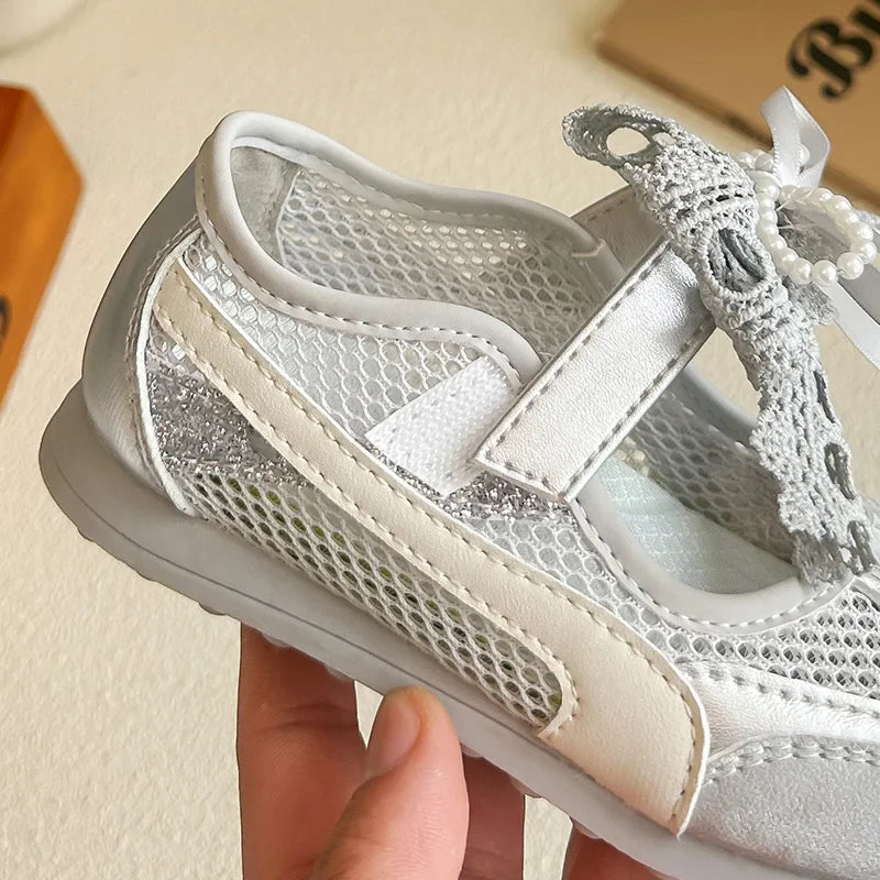 Kids'Casual Shoes Sneakers Mesh Bow Spring Summer Shoes For Girls Anti-slip Breathable Soft Bottom White Silver Shoes Size 23-36