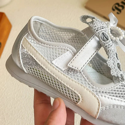 Kids'Casual Shoes Sneakers Mesh Bow Spring Summer Shoes For Girls Anti-slip Breathable Soft Bottom White Silver Shoes Size 23-36