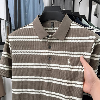 2026 New Men's Summer Short Sleeved Lapel Striped Polo Shirt, Business Casual Cool T-shirt