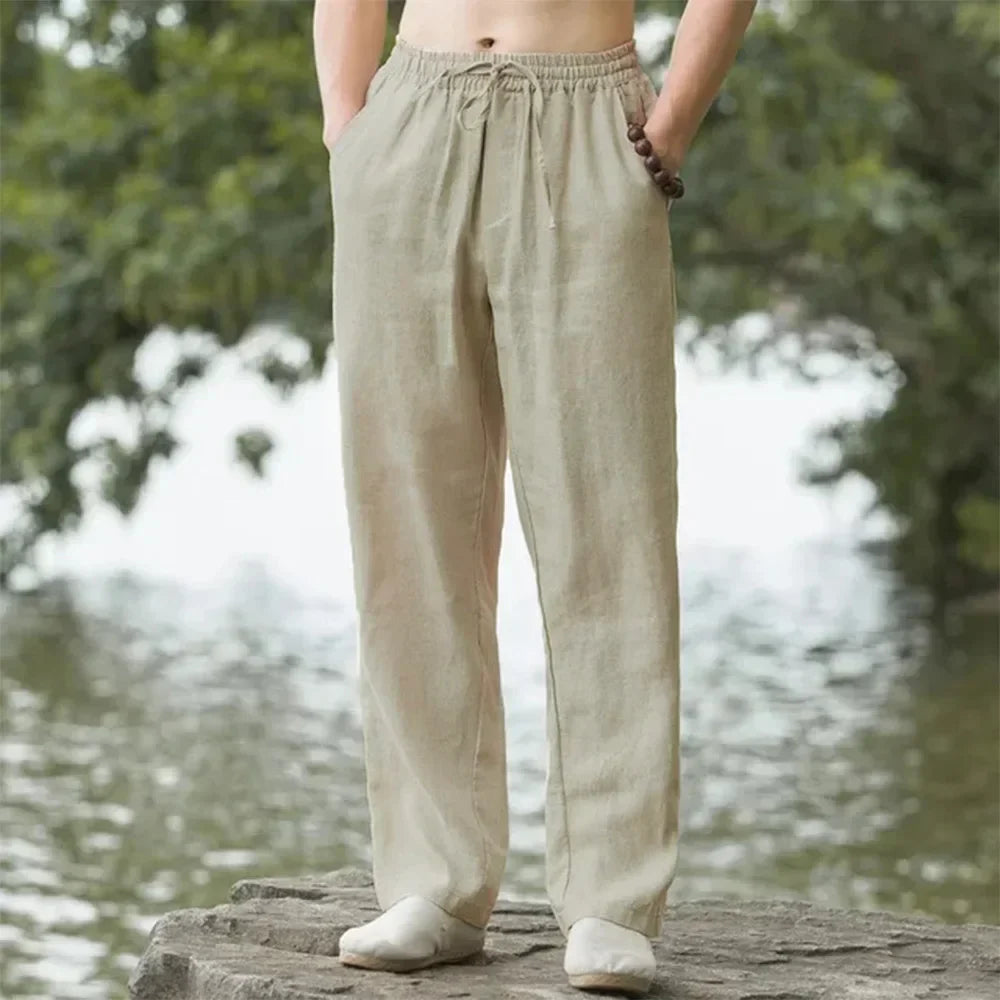 Men's Cotton Linen Pants Loose Cool Casual Long Pants Elastic Waist Long Pant Casual Large Size Streetwear Lightweight Trousers