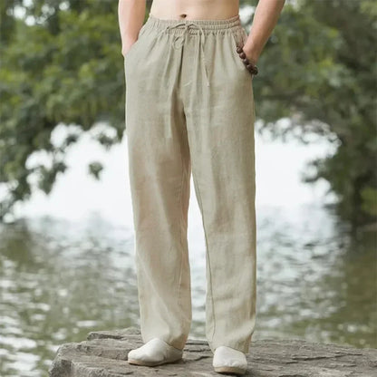 Men's Cotton Linen Pants Loose Cool Casual Long Pants Elastic Waist Long Pant Casual Large Size Streetwear Lightweight Trousers