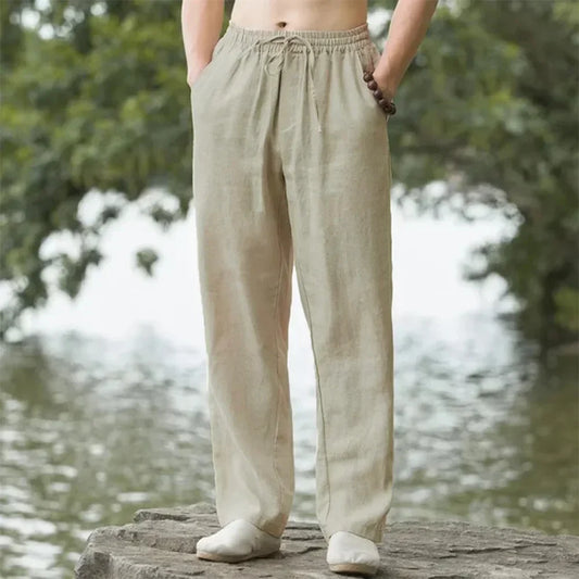 Men's Cotton Linen Pants Loose Cool Casual Long Pants Elastic Waist Long Pant Casual Large Size Streetwear Lightweight Trousers