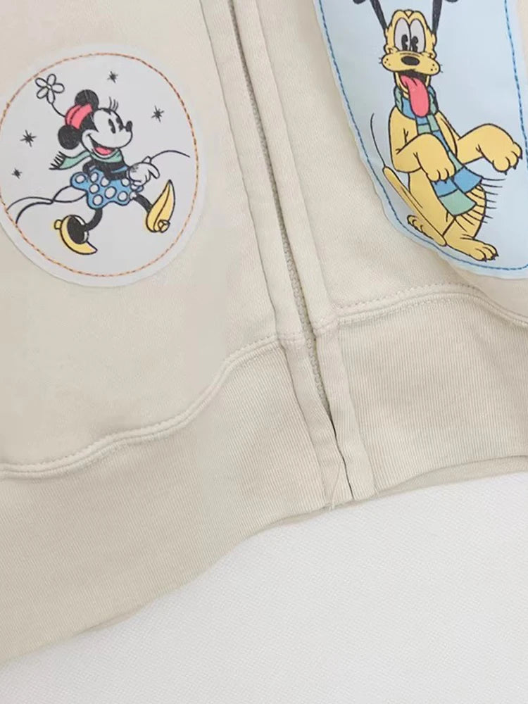Mickey Mouse Family Patch Letter Cartoon Print Fleece Sweatshirt Jacket Unisex Women Hooded Zip Up Jumper Tops