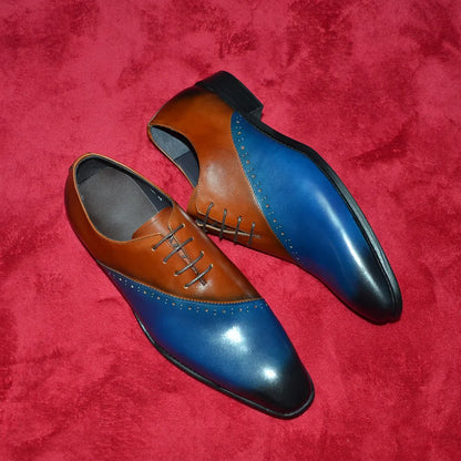 High Quality Men's Genuine Leather Wedding Dress Shoes Pointed Toe Lace-Up Formal Oxfords in Brown/Blue for Party Dinner