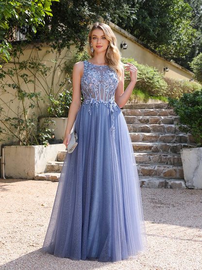 Dusty Blue Soft Shiny Tulle Long Evening Dresses Elegant Appliques Lace Open Back Sexy Prom Formal Party Maxi Gowns