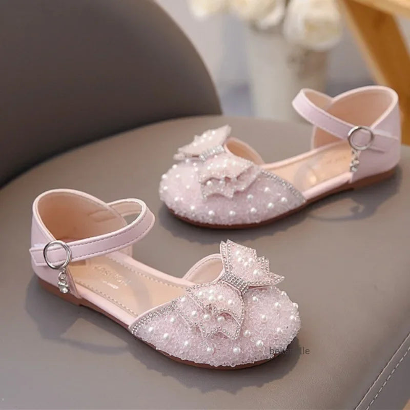 Spring and Summer Girls' Princess Shoes Sandals Flat  Kids Dresses Shoes Pearl  for Kids and Teens