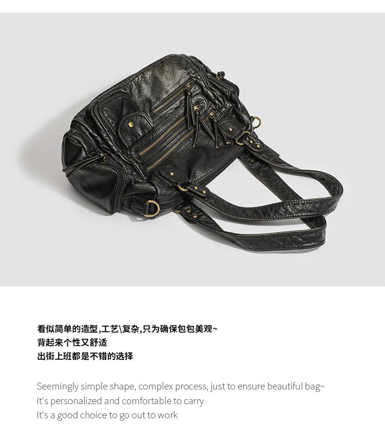 Y2K Hot Women's Punk Biker Tote Bag Large Capacity PU Leather Crossbody Purse with Multi Pockets for Work Commute Moto Style