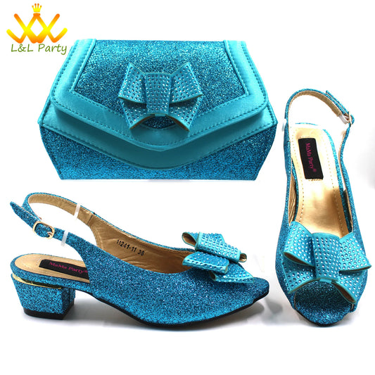 Italian Women Shoes Matching Bag Set in Sky Blue Color Comfortable Heels with Appliques for Wedding