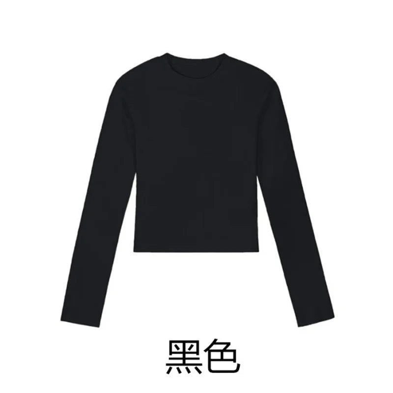 Camisa Feminina Gola O Manga Longa de Algodão Sexy Cropped Tops Outono 2025 Preta Casual Skinny Slim Básica Camisetas Femininas Roupas Brancas