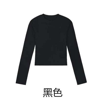 Camisa Feminina Gola O Manga Longa de Algodão Sexy Cropped Tops Outono 2025 Preta Casual Skinny Slim Básica Camisetas Femininas Roupas Brancas