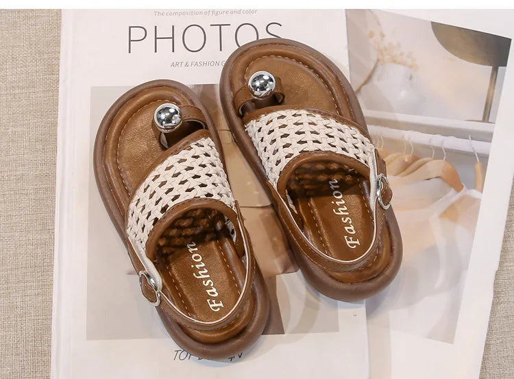 Children's Shoes Girls Flip-flops 2025 Brand Summer Sandals for Kids Fashion Braided Beach Shoes Princess Flat Slingbacks I05281