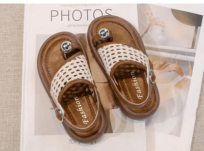 Children's Shoes Girls Flip-flops 2025 Brand Summer Sandals for Kids Fashion Braided Beach Shoes Princess Flat Slingbacks I05281