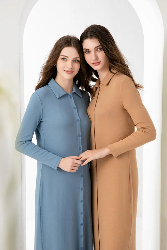 maxi dress button design woman clothes full sleeve Ankle Length comfortable ribbing clothing  ( Ship out in 1 day)