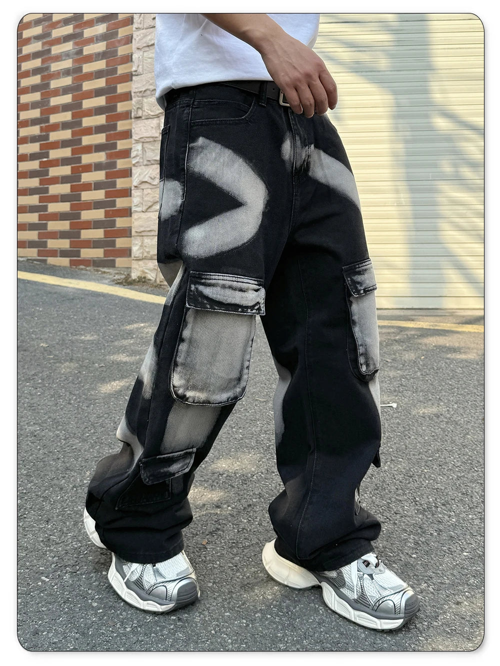 2026 Spring Summer Men's Black Straight Leg Workwear Jeans With Multiple Pockets High Street Style Splashed Ink Male Denim Pants