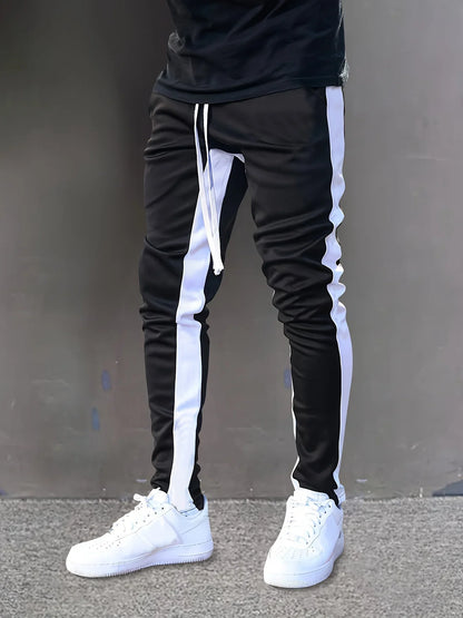 Men's color-block design jogging bottoms, men's casual stretch waist drawstring sweatpants spring and autumn sweatpants