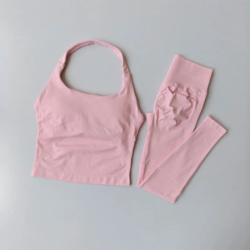 Fitness Set, Long Halter Neck Back-Shaping Leggings, High-Waisted Butt-Lifting Breathable Training Pants for Women