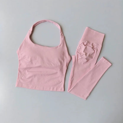 Fitness Set, Long Halter Neck Back-Shaping Leggings, High-Waisted Butt-Lifting Breathable Training Pants for Women