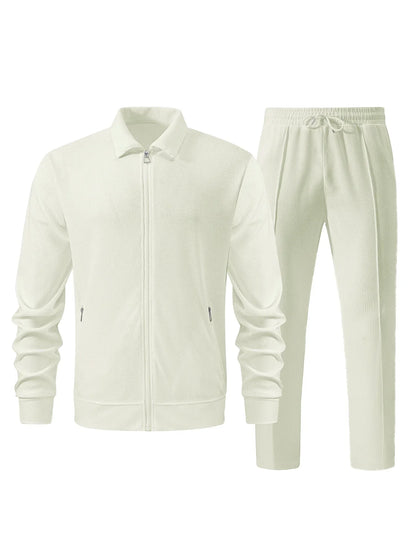 Men's Casual Solid Color Zipper Jacket and Pants Suit - Breathable Polyester Fiber for Spring/Autumn