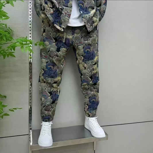 Spring Autumn Men's Sets Fashion Bear Printing Jacket Trousers Two-Piece Leisure Sports Suit