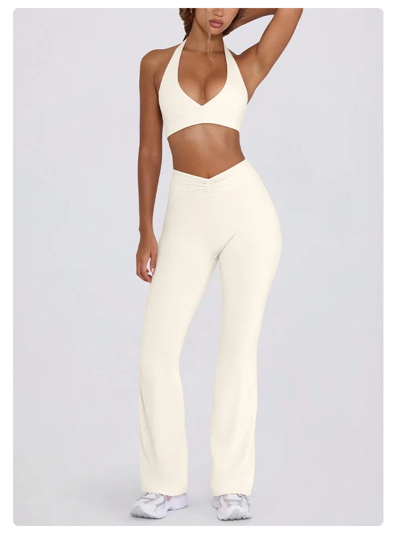 Women's Yoga Suits Camisole Backless Nude Beautiful Back Neck Hanging Bra Flared Pants Fitness Set