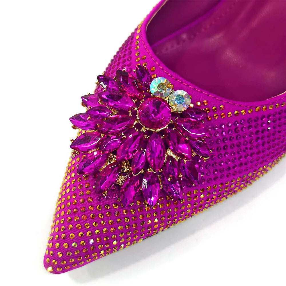 Italian Design Rhinestone Luxury Green Colour Pointed Toe Shoe & Bag Set Women's High Heels for Parties High Quality