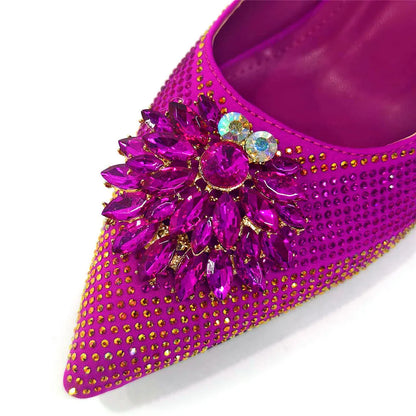 Italian Design Rhinestone Luxury Green Colour Pointed Toe Shoe & Bag Set Women's High Heels for Parties High Quality