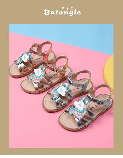 Unicorn Cartoon Girls Sandals High Quality Kids Open-toed Sandals For Girl 2025 Summer Children Beach Swim Shoes Size 25-32