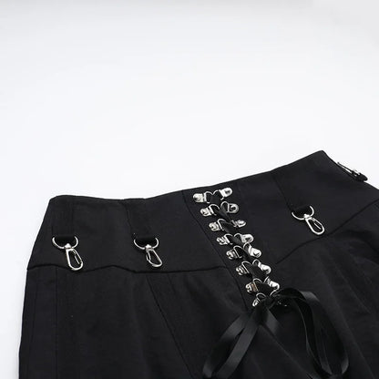 Goth Dark Acubi Fashion Black Swing A-line Skirt Punk Grunge Metal Buckle Streetwear Bandage Skirts Mall Gothic Alt Clother